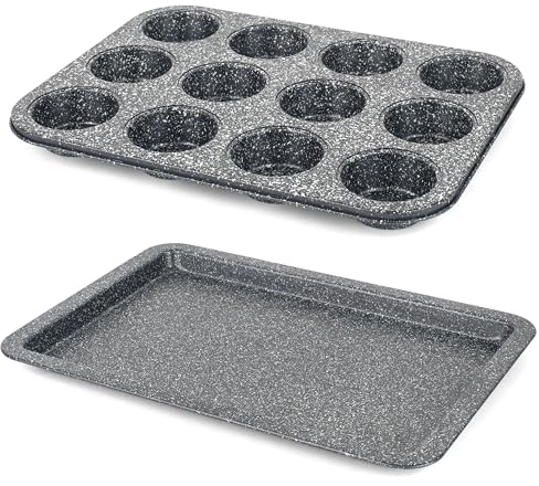 Salter COMBO-9139 Megastone Baking Tray & Muffin Tin Set – 12-Cup Cupcake Pan, 37cm Large Non-Stick Flat Oven Sheet, Carbon Steel, Easy Clean for Baking/Roasting, Cake Tins, Strong/Durable, PFOA-Free