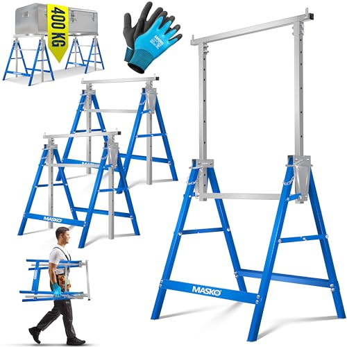 MASKO® Caballete de trabajo Telescópico, Capacidad de Carga máx. 200 kg, Caballete de Andamio, Regulable en Altura - Altura de trabajo 800-1300 mm, incl. Guantes, Juego de 2 - Plata/Azul