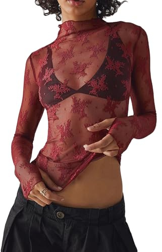 Long Sleeve Lace Tops for Women Mesh Top Long Sleeve Sheer Down Shirts Y2K Layering Top Blouses Tee Shirts Lace Floral (Wine Red, M)