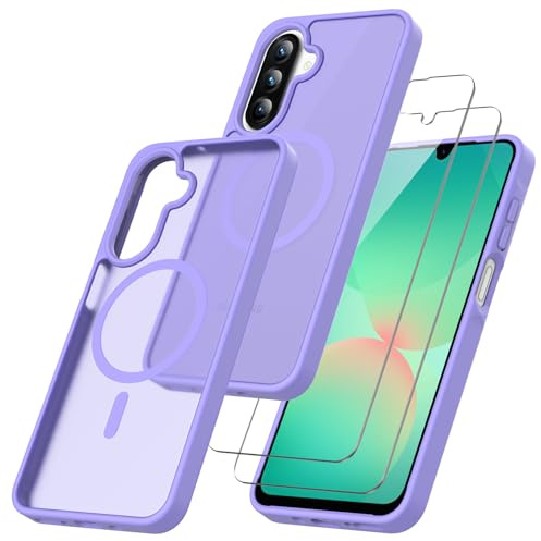 WQRTYJK Magnetic for Samsung Galaxy A17 4G/5G Case with 2 * Tempered Glass Screen Protector Matte Translucent Shockproof Protective Bumper Phone Cover Light Purple