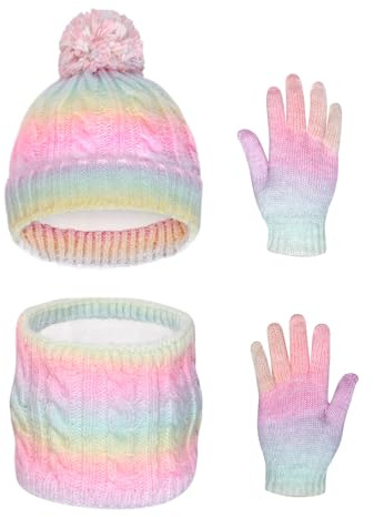 Waylipun Ensemble Bonnet Echarpe Fille et Gants, Bonnet Enfant Hiver avec Pompon, Tour de Cou Enfant avec Doublure, Hiver Accessoires Ensemble Set Pour Garcon Enfants 2 à 7 ans