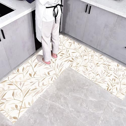 CEDNXOER Tappetini da Cucina 2 pezzi 50×80cm+50×160cm, Tappeto Cucina Antiscivolo Elegante Pianta, Antiscivolo Tappeti Foglie Di Salice Astratte, Lavabile, Adatto per Corridoi, Cucine, Crema