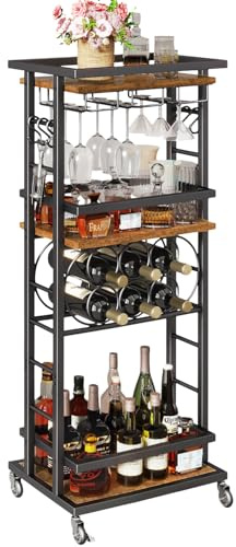IBUYKE Portabottiglie da Terra con Ruote,Carrello da bar a 4 Livelli,Portabottiglie per liquori,whisky e vino,Cantina per Bar per Soggiorno,Sala da Pranzo,Marrone TMJ912H