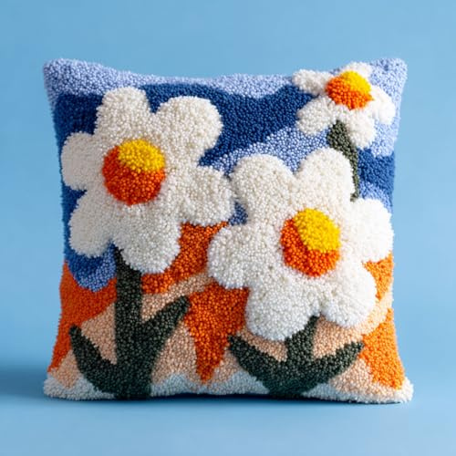 Henypt Kit gancio di chiusura federa fai da te, Margherite bianche uncinetto cuscino kit per punto croce,ganci di chiusura per fodera per cuscino 43x43cm