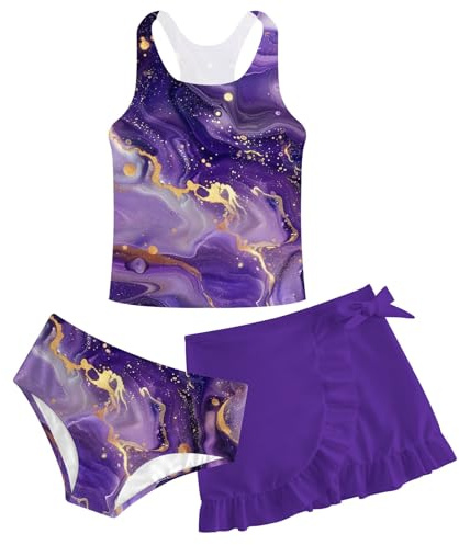 ALISISTER Girls Swimsuit 3 Piece Bathing Suit Quick Dry Tankini Set with Cover Up Beach Skirt Bikini Swimwear 6-13 Years