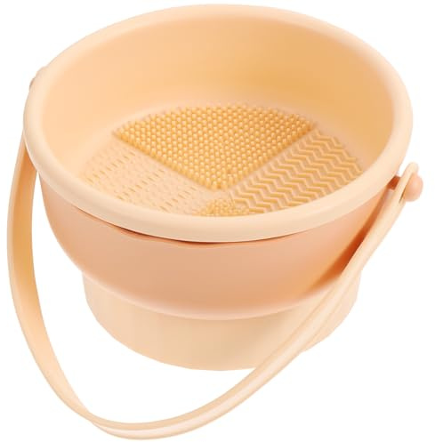 OATIPHO Makeup Brush Cleaner Silicone Rinsing Bowl for Sponge and Brush Cleaning with Storage Holder Apricot Color for Women’s Beauty Use