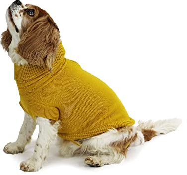 Muddy Paws Ancol Hundepullover für Hunde, extra warm, Wollpullover mit Beingurten, gerolltem Halsgeschirr, Loch, Senffarben, Haustier-Welpenbekleidung, Größe L, 50 cm, senffarben
