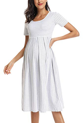 Love2Mi Women's Short Sleeve Maternity Dress A-Line Midi Casual Pregnant Dress