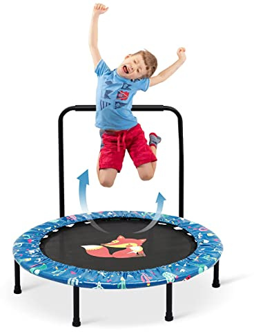 Ø96cm Mini trampolín Plegable para niños para Ejercicio Cuerpo de Fitness, con Mango de Espuma, Cubierta Acolchada de Seguridad, trampolín Redondo para Interiores y Exteriores, para niños y niñas