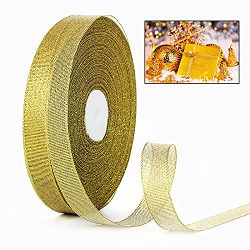 ZYOOO 20mm X 91m Organza Satinband Glitzer Gold - Schleifenband Geschenkband Blumenklebeband zum Basteln