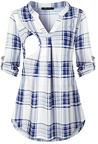 Quinee Nursing Shirts for Breastfeeding, Nursing Tops for Breastfeeding Summer 3/4 Rolled Sleeve Maternity Nursing Tops Bloueses Pregnancy Tops Office Wear Blue White Plaid M