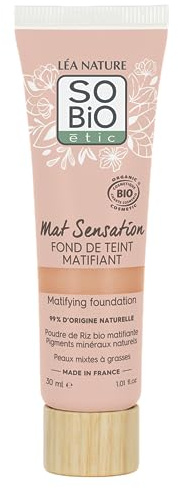 LÉA NATURE SO BiO étic| Fond de teint matifiant certifié Bio – Mat Sensation | Beige rosé | Unifie & Matifie le teint | Fini mat & poudré | Poudre de Riz Bio matifiante | Vegan | Made in France|30 ml