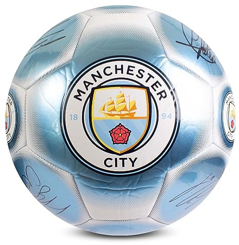 Hy-Pro Offiziell lizenzierter Classic Signature Fußball, Metallic, Größe 5, Man City, Training, Match, Merchandise, Sammlerstück für Kinder und Erwachsene, Blau/Weiß