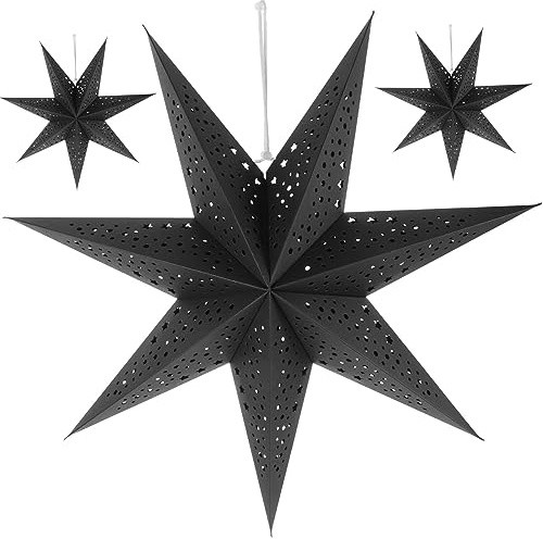 3 stycken julpappersstjärnor-ljus-lampskärmar 3D-pappersstjärna 7-taggiga pappers-stjärnlyktor stjärntaklampa skärm för jul bröllop fest svart