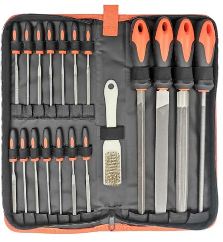 LYFJXX 20-teiliges Metallfeilen-Set mit Etui, inklusive flacher, halbrunder, runder und dreieckiger Stahlfeile, halbrunde Holzfeile