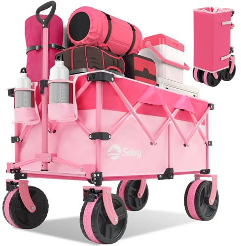 Sekey 220L Wagons Carts Foldable with Big All-Terrian Beach Wheels, Collapsible Heavy DutyWagon with Cup Holders, Extra Large Folding Wagon,Foldable Wagon for Camping, Garden, Sports.Pink