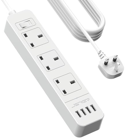 JSVER Extension Lead USB,Power Socket with 3 Way 4 USB Charging Station Power Strip 3250W 13A with 5M Power Cord for Home and Office-White