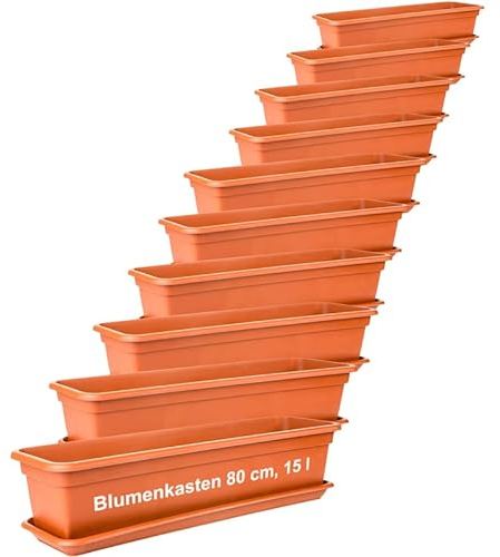 SUSTANIA 2friends Blumenkasten Set 80cm, Terracotta â€“ 10er-Set Balkonkästen mit Untersetzer, Hochwertiger Kunststoff, EU