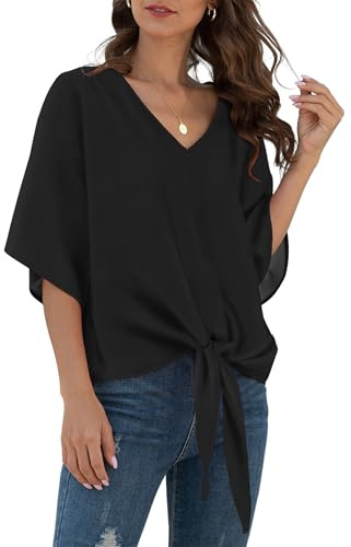YGJIEGENG Women's Chiffon Blouses Ladies Tops Elegant Tie Front Flowy Short Sleeve Casual Fashion V Neck T Shirts for Summer Black XL