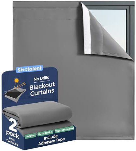 Sinotalent Adhesive Blackout Curtains for Bedroom Living Room 30 Inches Long 2 Panels, No Drill Window Blinds, Thermal Insulated & UV Protection, Light Blocking Drapes. (Gray, 29 W x 30 L)