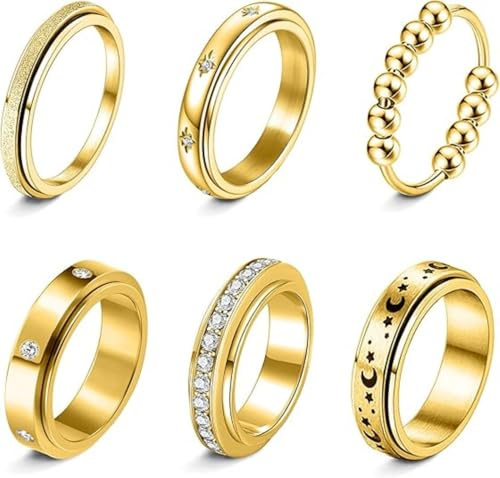 Anneau d'anxiété, bague spinner en or en acier inoxydable avec lune tournante et étoile, bagues fidget cool pour femmes et hommes, Acier inoxydable, En acier inoxydable