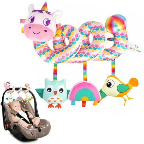 YTACREA Giocattolo Spirale Passeggino Neonato, Giochi Sensoriali per Ovetto Neonato Lettino, Box, Giochi Passeggino Neonati con 3 Ciondoli Musicali, Gufo, Arcobaleno, Uccello, Regali Neonati 0-36 Mesi