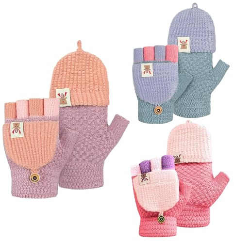 ZXTGBQ 3 Paires Gants Enfant Hiver, Gants sans Doigts, Demi-Doigts Tricotés, Chauffants Chauds pour 5-14 ans Fille Garçon
