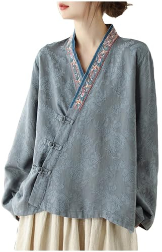 Ricamo Qipao Camicie Donna Elegante Manica Lunga Collo Mandarino Casual Rana Bottoni Orientale Cinese Cheongsam Top Abbigliamento Tradizionale Tang Abiti Cina Camicetta Per Le Donne, O blu., L