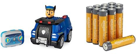 Paw Patrol Chase RC, Voiture Police, 3+ Ans, & Piles AAA Alcalines Amazon Basics 12 pcs, 10 Ans
