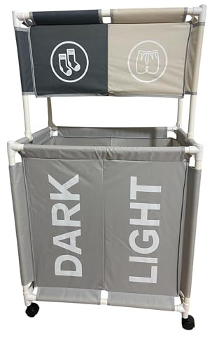 150L Large 2 Tier & 4 Section Laundry Basket with Wheels, Rolling Hamper Sorter for Dark and Light Clothes, Socks and Underwear Organizer, Grey and Beige