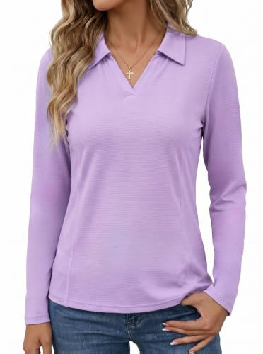 PINSPARK Womens UPF 50+ Polo Shirt Quick Drying Breathable Sports Top | Long Sleeve Running Top Polo Collar with V-Neck Lightweight Functional Top Golf Tennis Fitness Yoga Training Hiking