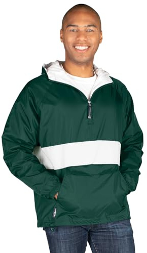 Charles River Apparel Unisex Classic Striped Pullover, Men's & Women's Water-Resistant Windbreaker, Forest/White, X-Small