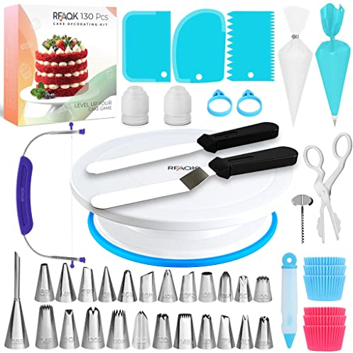 RFAQK da 130 pezzi Kit pasticceria professionale con piatto girevole per torte - Livellatrice per torta beccucci sac a poche con schema grafico, EBook - Spatola dritta offset - Set di 3 raschietti