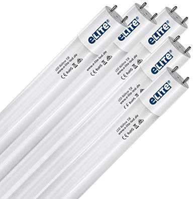 eLITe LED Röhre T8, 72cm, sehr hell, 1300lm, 10W, 840, 4000 Kelvin, universalweiß, Glas, 330 Grad, homogenes Licht, langlebig 50.000h, 5 Jahre Garantie, 27mm Durchmesser, inkl. Starter, 5 Stück