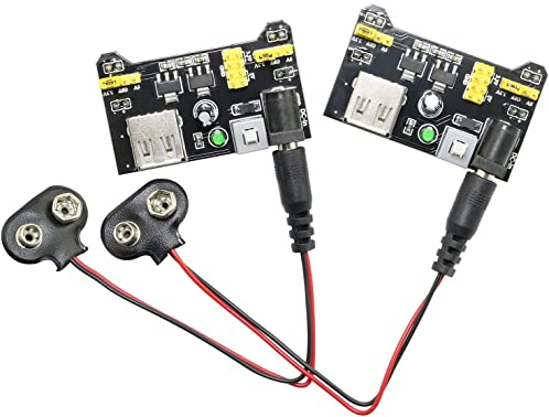 SQXBK 1-Pack MB102 Breadboard Power Supply Module and 9v Battery Clip with 2.1mm X 5.5mm Male DC Plug Assortment Kit for Arduino