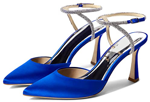 Coutgo Women Rhinestone Heels Kitten High Satin Pumps Pointed Toe Sparkly Sexy Wedding Dress Shoes, Royal Blue, 4 UK