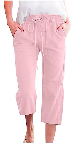 oglccg Womens Capris Trousers 3/4 Pants Cotton Linen Elastic High Waist Cropped Pants Drawstring Summer Autumn Solid Color Pockets Loose Pants Straight Wide Leg Trousers Outdoor Plus Size 8-49 Pink