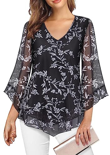 Gemulate Womens Tops Ruffle 3/4 Sleeve Blouses for Women UK Loose Flowy Ladies V Neck Chiffon Tunic Tops Double Layers Mesh Shirts