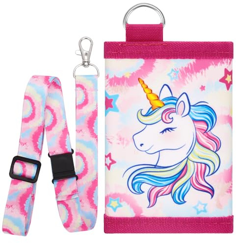 WAWSAM Kindergeldbörse für Kinder Geldbörse mit Umhängebandd Kinder Geldbörse Umhängegeldbörse, Reißverschluss, kompaktes dreifach gefaltetes Münzfach, Kartenhalter für Teenager (Einhorn2)