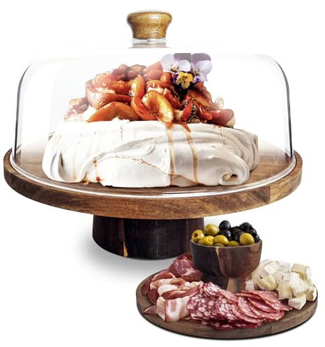 NWK 3-in-1 Cake Stand with Lid Rustic Acacia Wooden Cake Plate with Pedestal, Food serving Platter, Cheese Board, Acrylic Cover Shatterproof (Round)