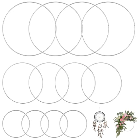 12 Pezzi Cerchi per Acchiappasogni, 10/15/20cm Cerchio Metallo, Anello Metallo per Acchiappasogni, Ghirlanda Floreale in Metallo, Cerchi Metallo per Decorazioni, Anelli in Metallo per Decorazioni
