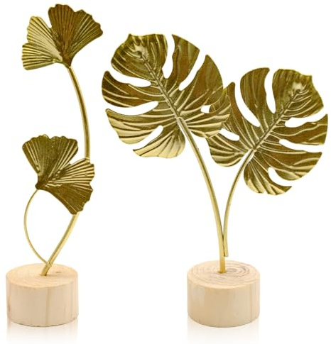 JLNGTHONG 2 Pcs Metal Gold Decor Statues, Leaves Ornaments Modern Creative Home Décor Accents Statue for Office, Room, Bookshelf, Home Decor (Monstera, Ginkgo)