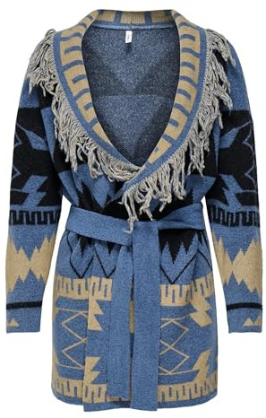 ONLY Onlmichigan LS Cardigan da Donna con Frange e Cravatta Knt, Blu sfumato, L, Ombré Blu, L