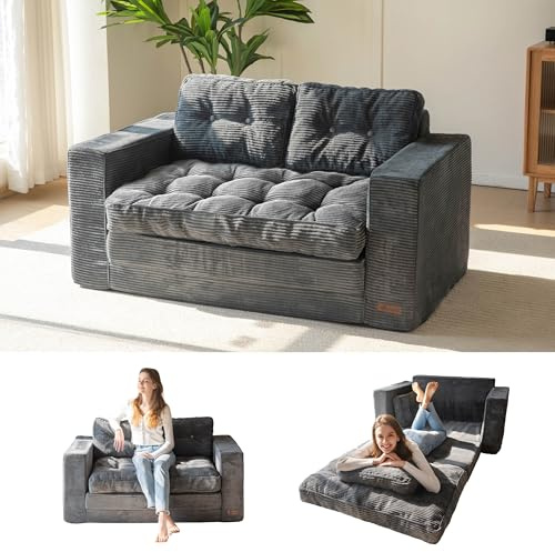 MAXYOYO Sofa Bed, Loveseat Sofa Convertable with 2 Pillows, 2 in 1 Comfy Corduroy Sofa 2 Seater, Floor Lounger Pull Out Sleeping Area 101x196CM, 15cm Thincken Foam