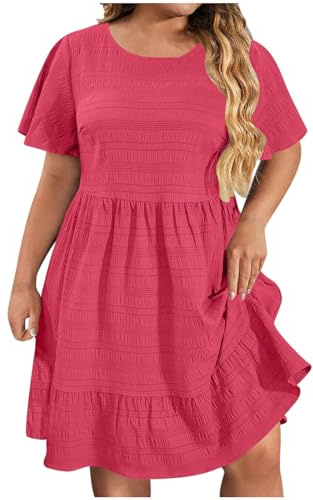 Womens Plus Size Dresses Short Sleeve Round Neck Summer Casual Vacation Beach Midi Dress Ladies Knee Length Beach A Line Tunic Dresses Ruffle Elegant Loose Oversized Dress, UK Size L-5XL Hot Pink