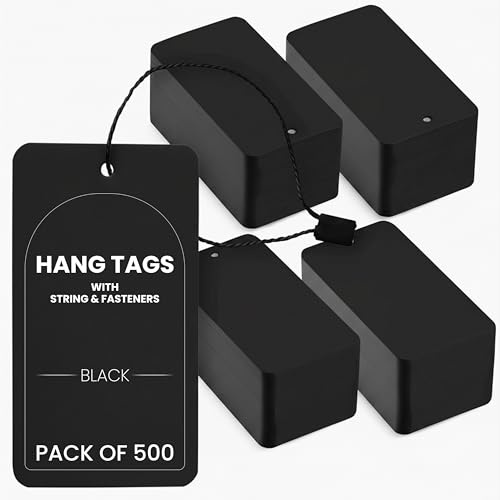 Juvale 500-Pack Blank Hang Tags with String and Fasteners - 2 x 3.5 in Cardstock Paper Tags for Labeling, Pricing, and Gifting - Versatile Black Tags for Retail, Clothing, Gifts, and Craft Projects