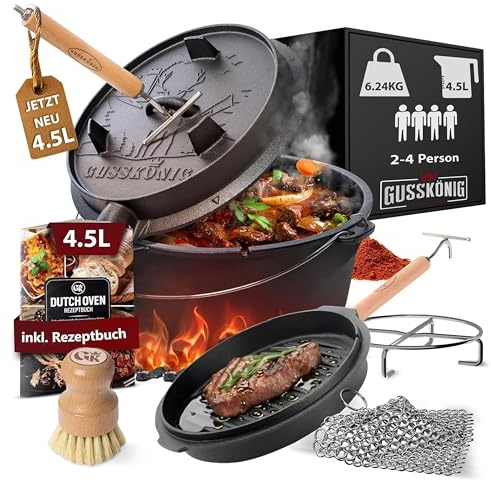 GUSSKÖNIG Dutch Oven Set–Eingebrannter Dutch Oven 4,5L [2-4Person]–Feuertopf Gusseisen ohne Füße–Schmortopf Doppelfunktion–2in1 Deckelheber,Untersetzer,Ringreiniger,Bürste,Rezeptbuch-30 Jahre Garantie