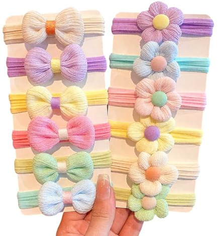 GILWUMO Juego de 12 Piezas de Cintas para el Cabello Elásticas, con Flores y Lazos, Adecuado para Niñas y Niños Pequeños (6 Colores diferentes)