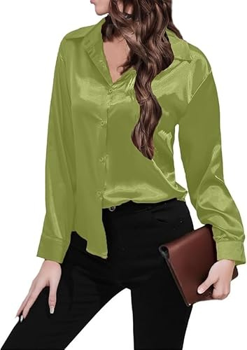 Women's Satin Silk Blouse Tops Long Sleeve Button Business Work Shirts Office Dress Tunic Blouses Elegant Clothes (Light Green 2,X-Large)