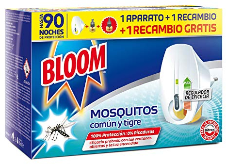 Bloom Insecticide électrique liquide double efficacité (1 appareil + 2 recharges), insecticide électrique pour moustiques commun et tigre, formule concentrée sans parfum